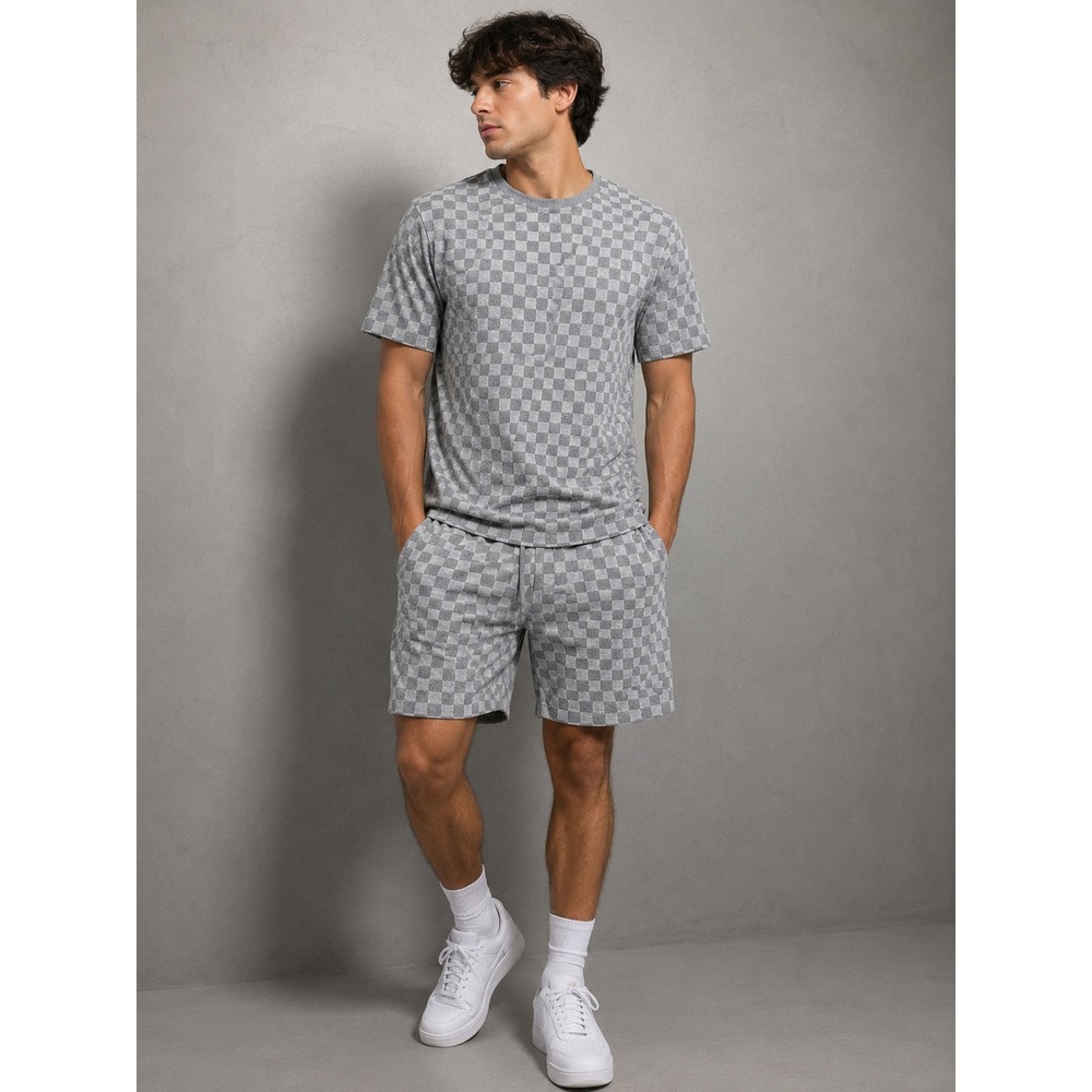 Gray Checkerboard 2 Piece Set Short Sleeve Tee and Shorts Loungewear Medium